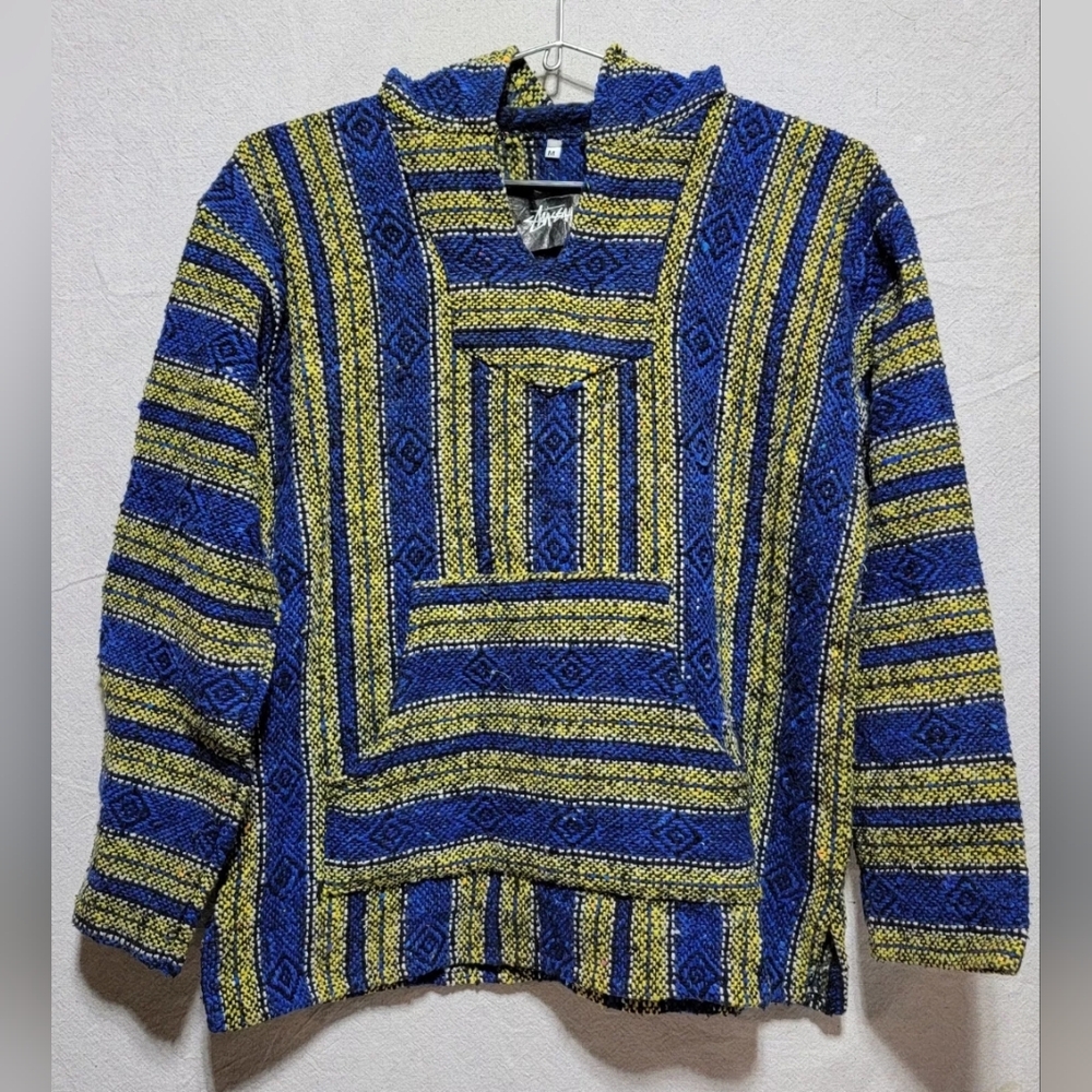 Stussy Mexican Baja Poncho Pullover Blanket Drug Rug Hoodie Mediun Blue/Yellow